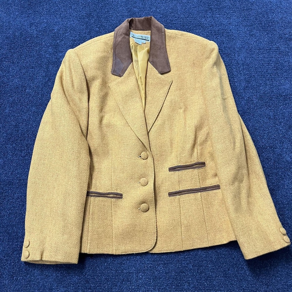 Vintage 90s Jacket Womens 10 Yellow Tweed Wool Blend Blazer Brown Suede Trim